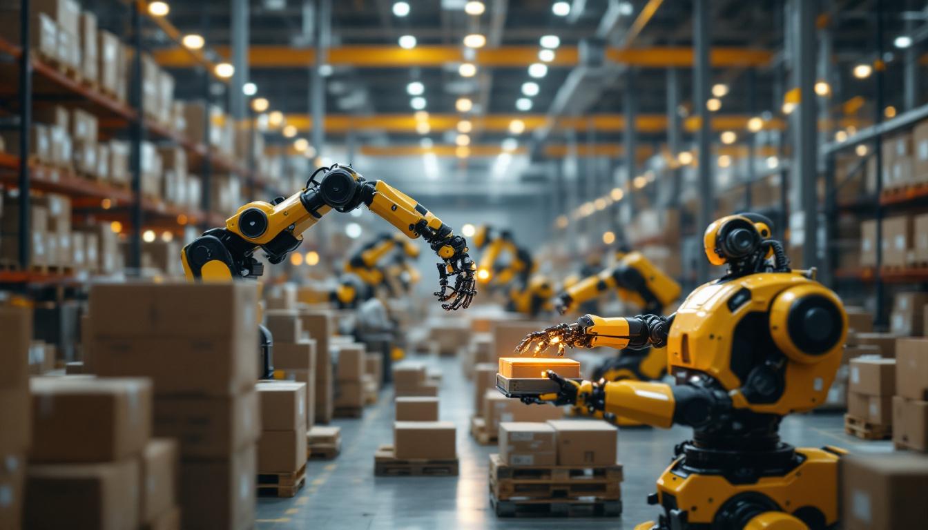 A photograph of a busy warehouse environment showcasing various industrial robots in action