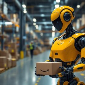 A photograph of a sleek amazon industrial robot in action within a bustling warehouse environment