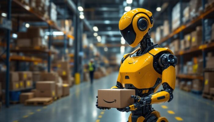 A photograph of a sleek amazon industrial robot in action within a bustling warehouse environment