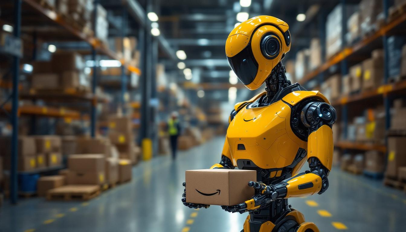 A photograph of a sleek amazon industrial robot in action within a bustling warehouse environment