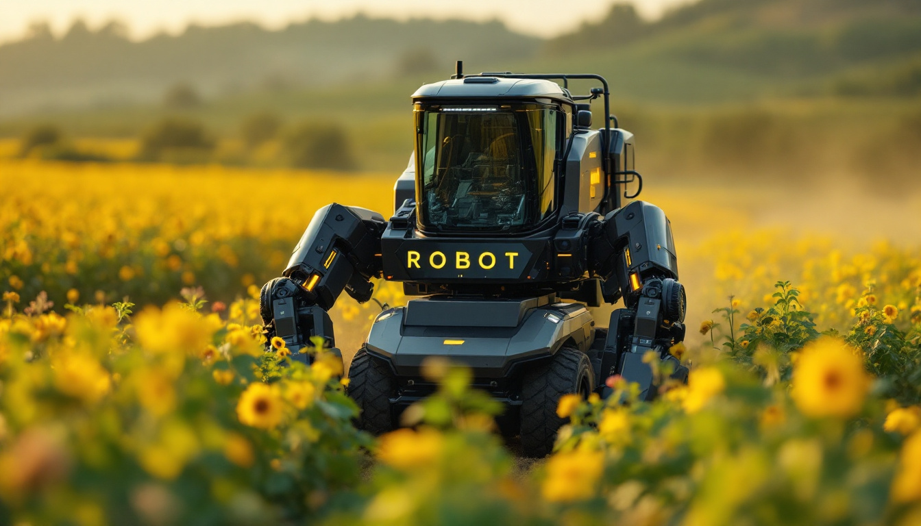 A photograph of a state-of-the-art harvesting robot in action within a vibrant agricultural field