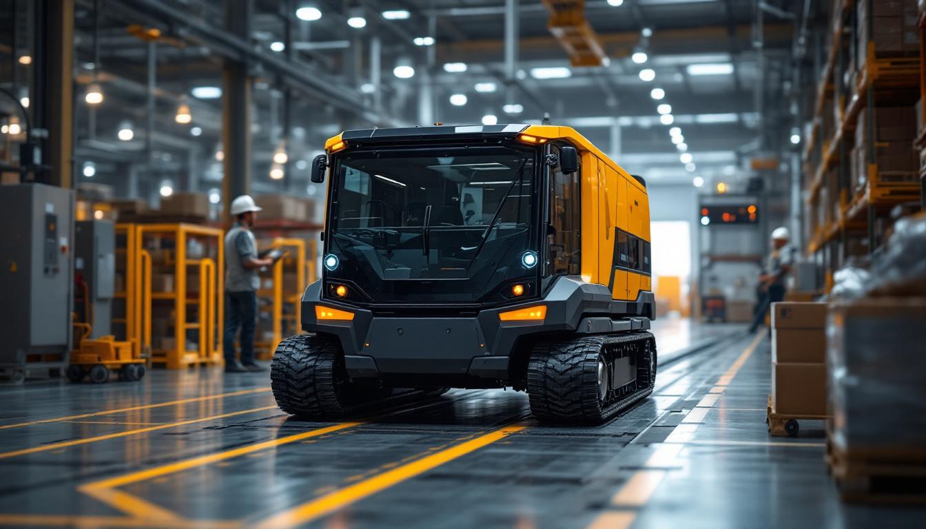 A photograph of a heavy-duty automated guided vehicle (agv) in action within an industrial setting