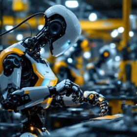 A photograph of a modern industrial robot in action within a manufacturing environment