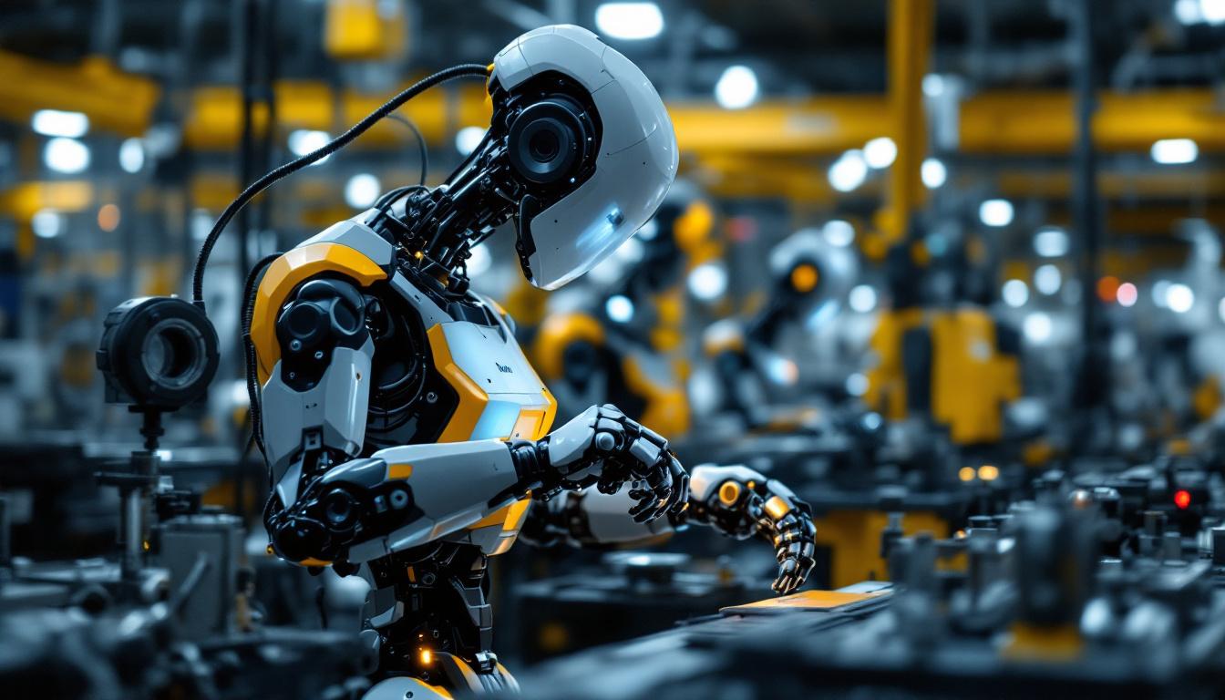 A photograph of a modern industrial robot in action within a manufacturing environment