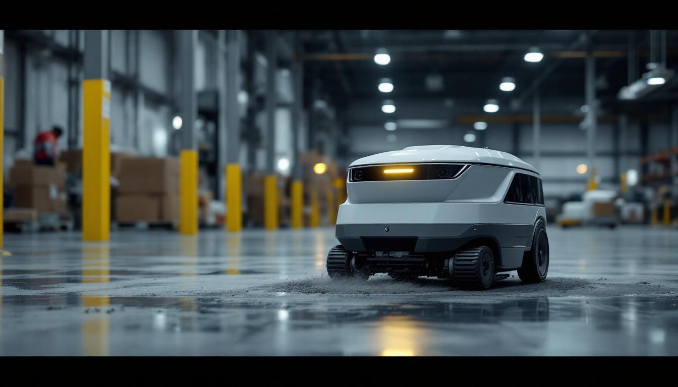A photograph of a sleek industrial floor cleaning robot in action