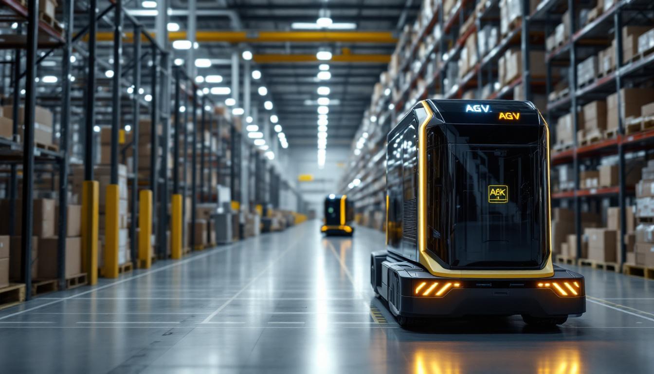 A photograph of a sleek automated guided vehicle (agv) navigating through a modern warehouse environment