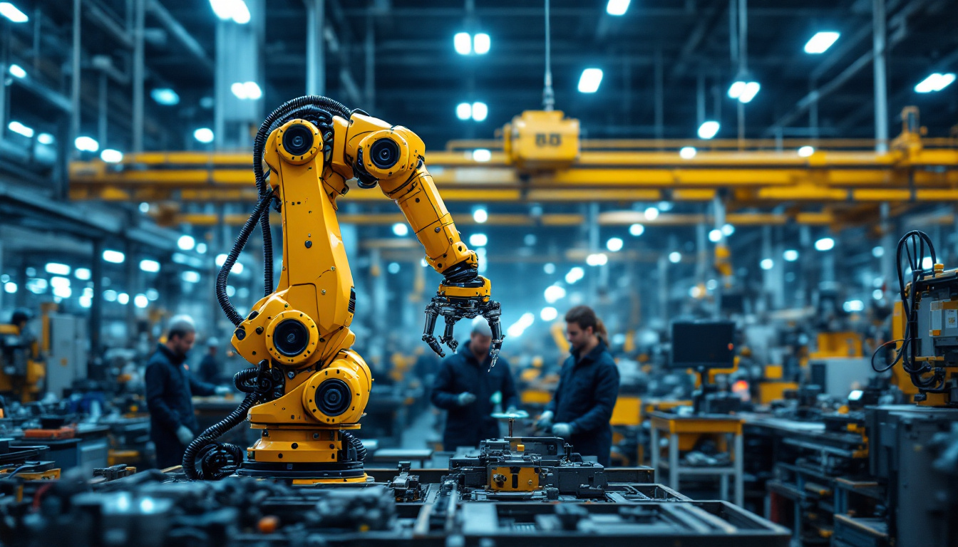 A photograph of a dynamic industrial robotic arm in action
