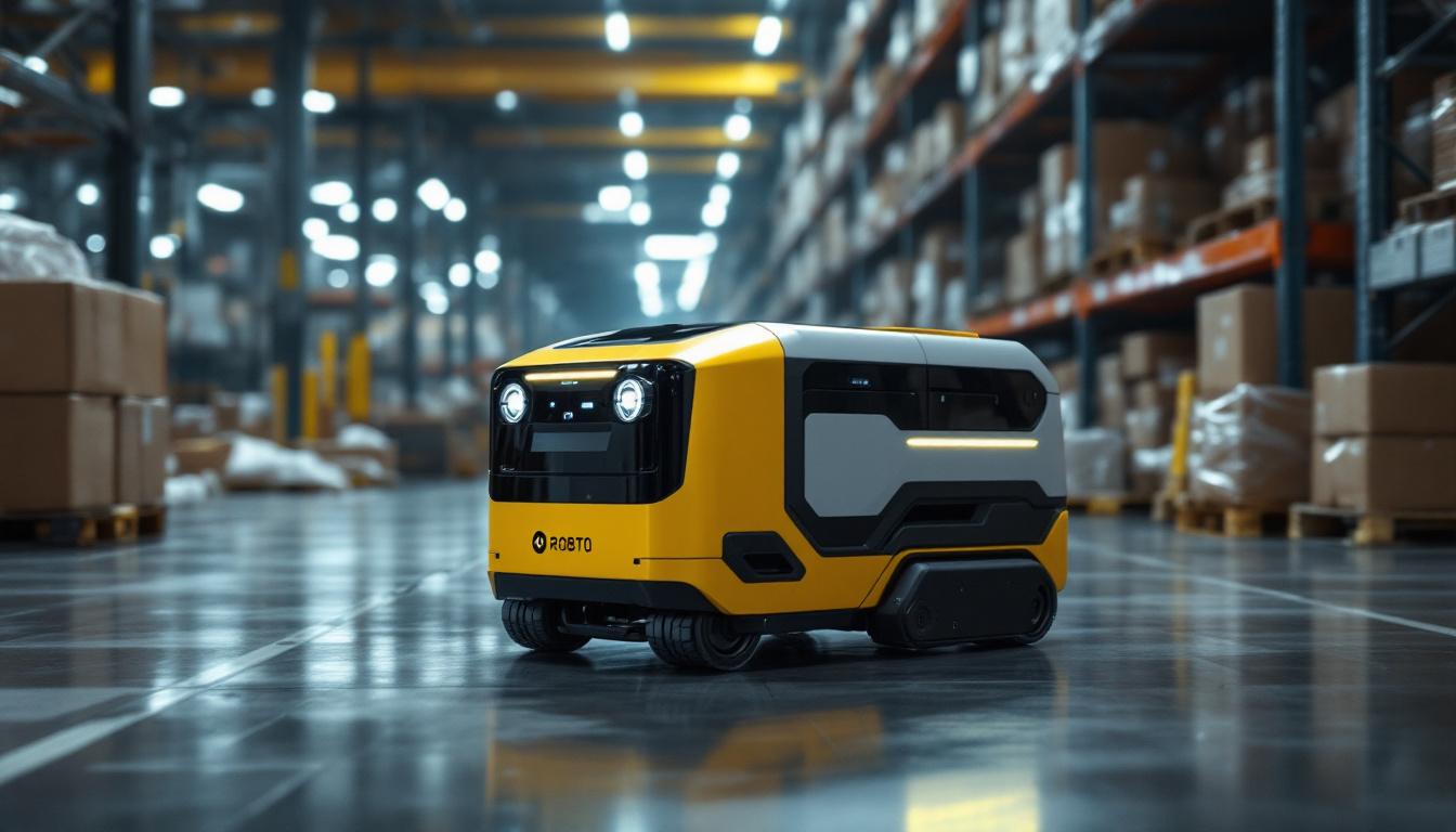 A photograph of a modern industrial robotic tugger in action