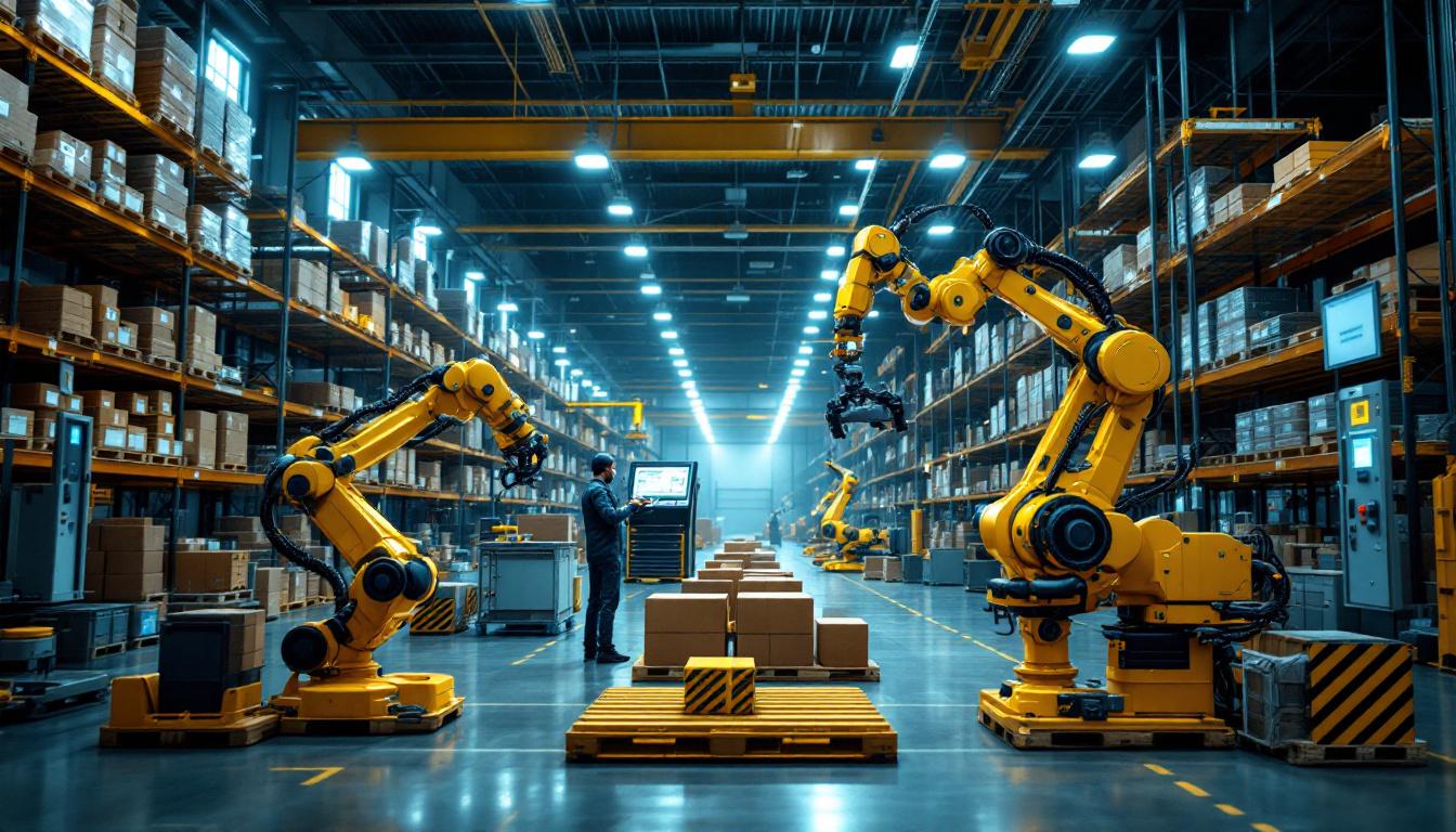 A photograph of a modern warehouse environment showcasing industrial robots in action