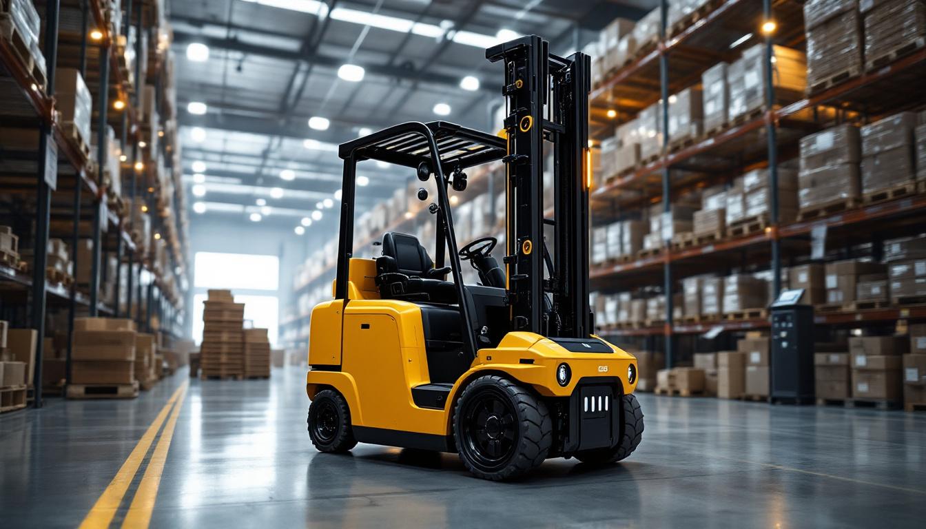 A photograph of a modern industrial setting featuring a robotic forklift in action