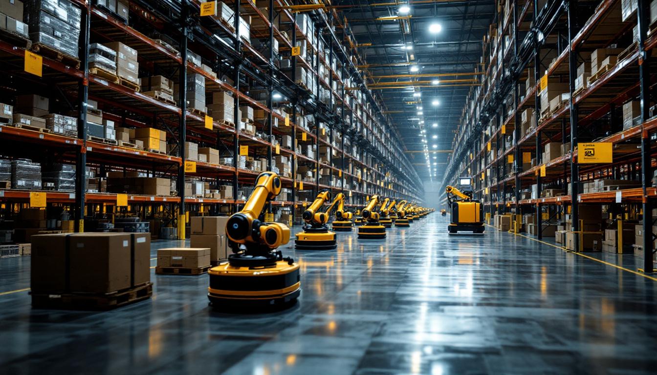 A photograph of a vast amazon warehouse interior showcasing a network of industrial robots efficiently navigating through aisles filled with products