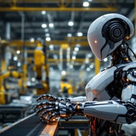 A photograph of a sleek and modern industrial robot in action within a warehouse setting