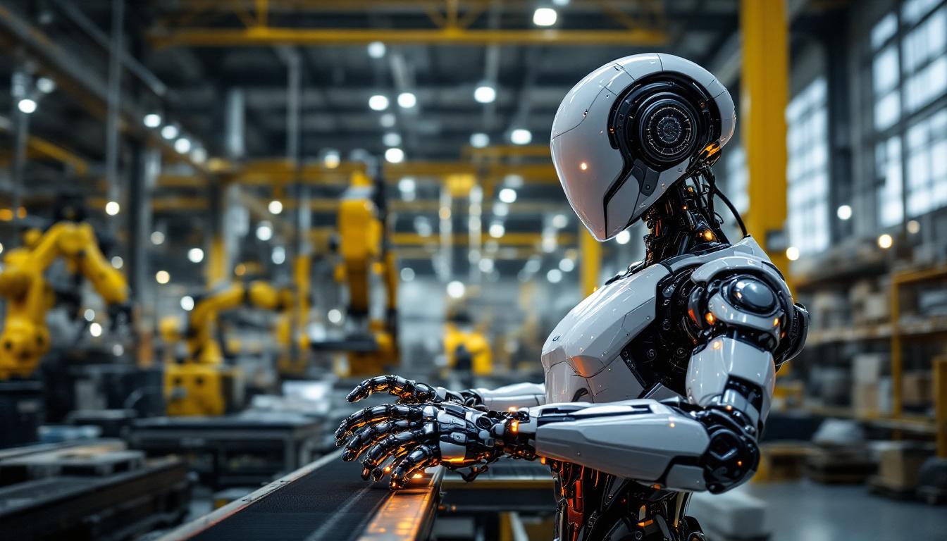 A photograph of a sleek and modern industrial robot in action within a warehouse setting