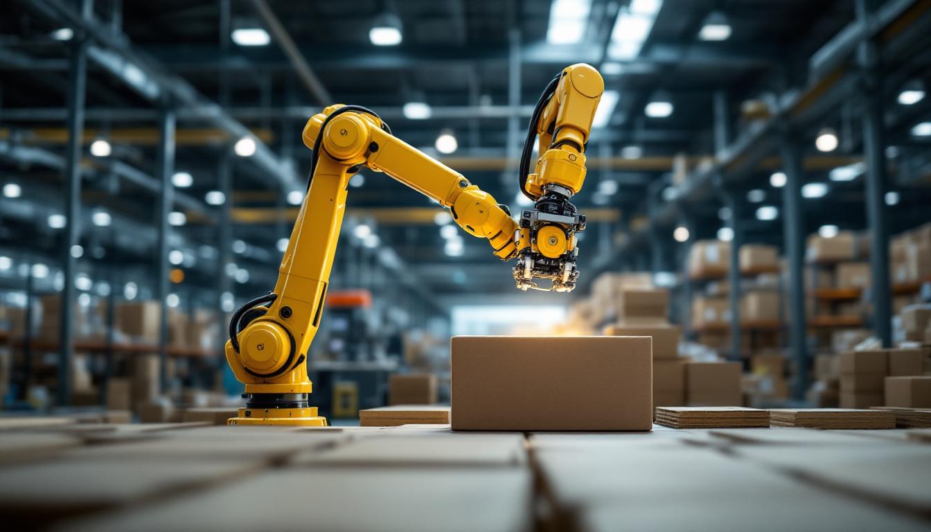 A photograph of a modern industrial setting featuring a robotic arm in action