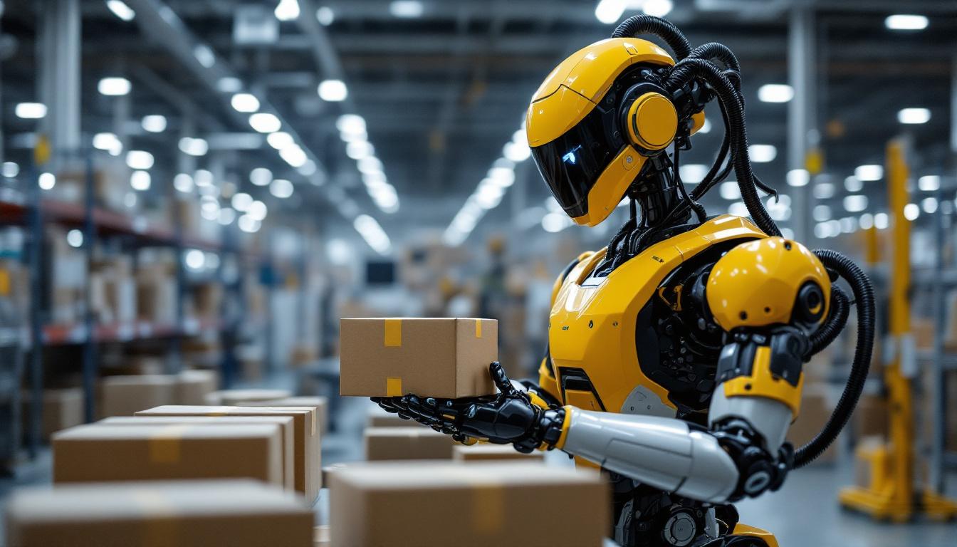 A photograph of a modern industrial robot in action within an amazon fulfillment center