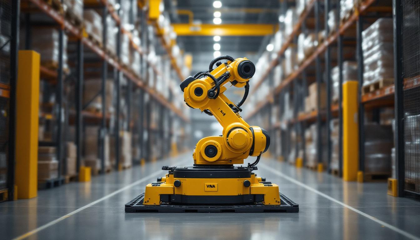 A photograph of a used vna (very narrow aisle) industrial robot in action within a warehouse setting