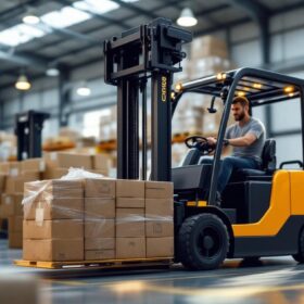 A photograph of a sleek automated lift truck in action within a modern warehouse setting
