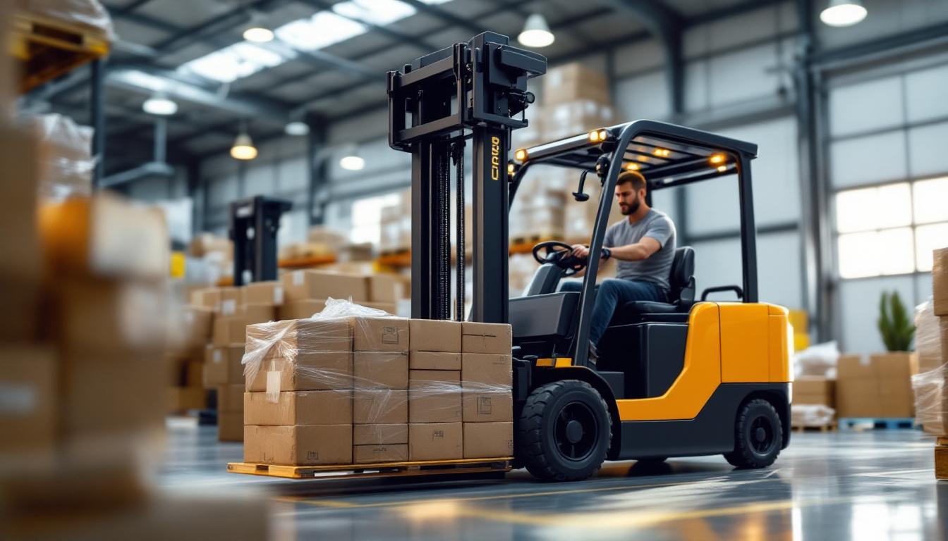 A photograph of a sleek automated lift truck in action within a modern warehouse setting