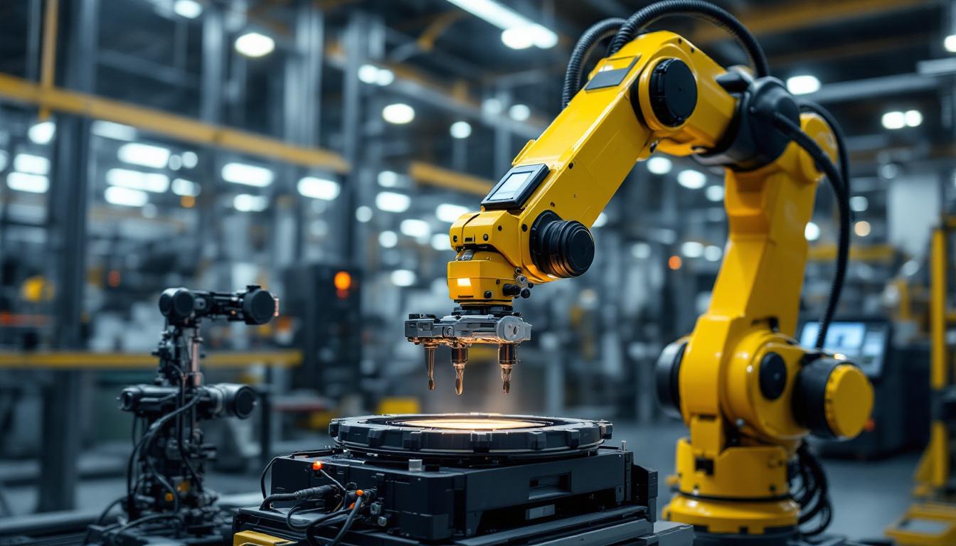 A photograph of capture a photograph of a sophisticated industrial robotic arm in action within a zone control system