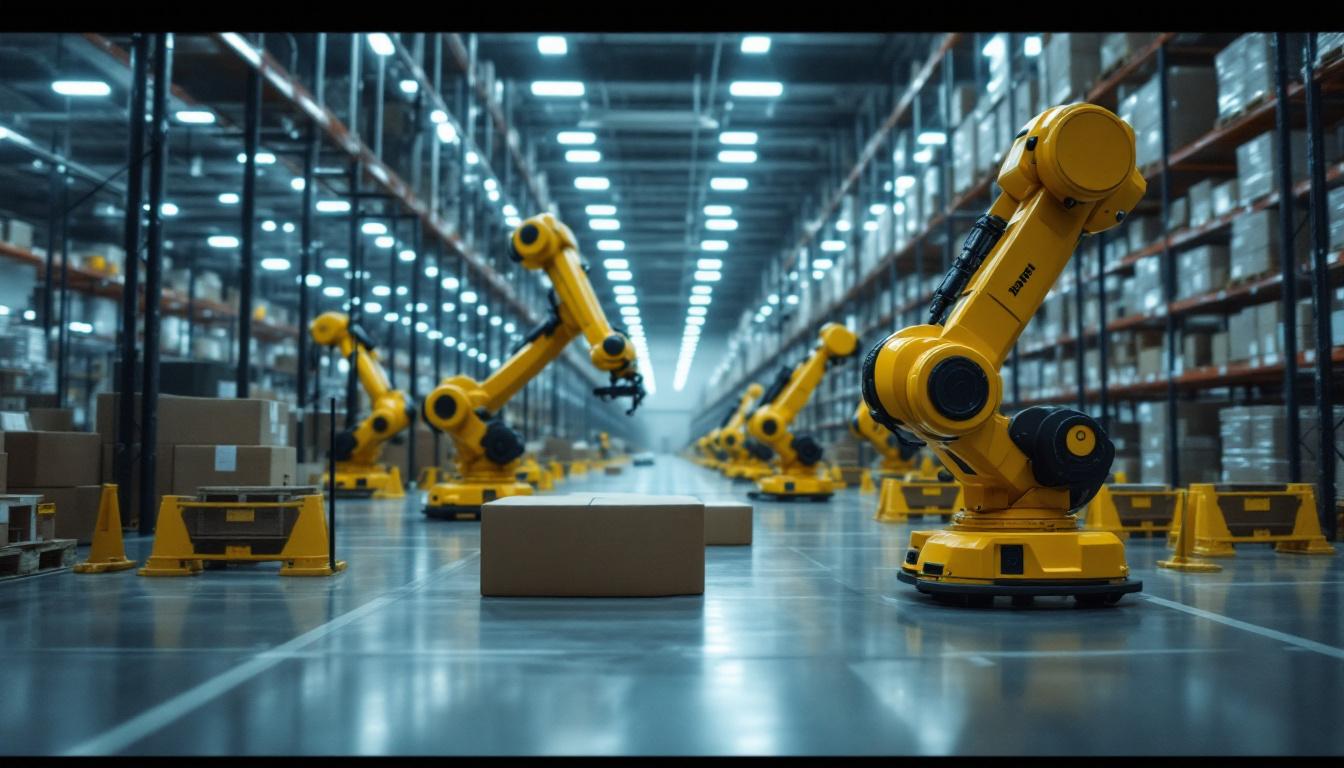 A photograph of a dynamic scene inside the amazon fulfillment center in shreveport
