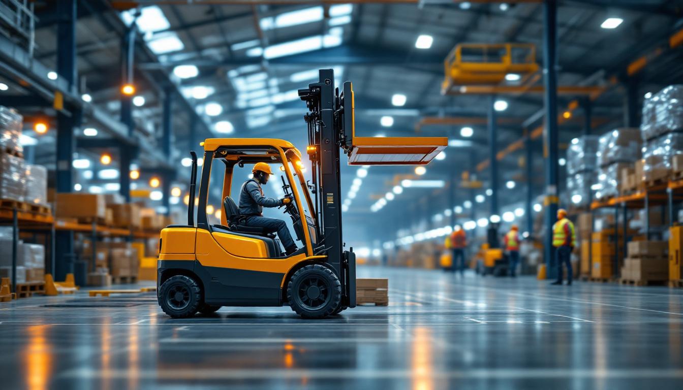 A photograph of a modern industrial setting featuring a robotic forklift in action