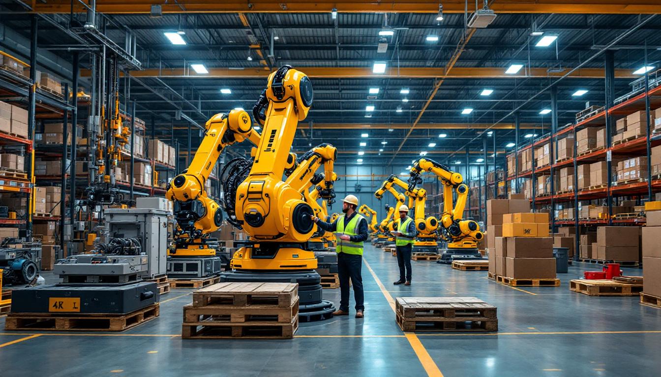 A photograph of a bustling warehouse environment showcasing various industrial robots in action