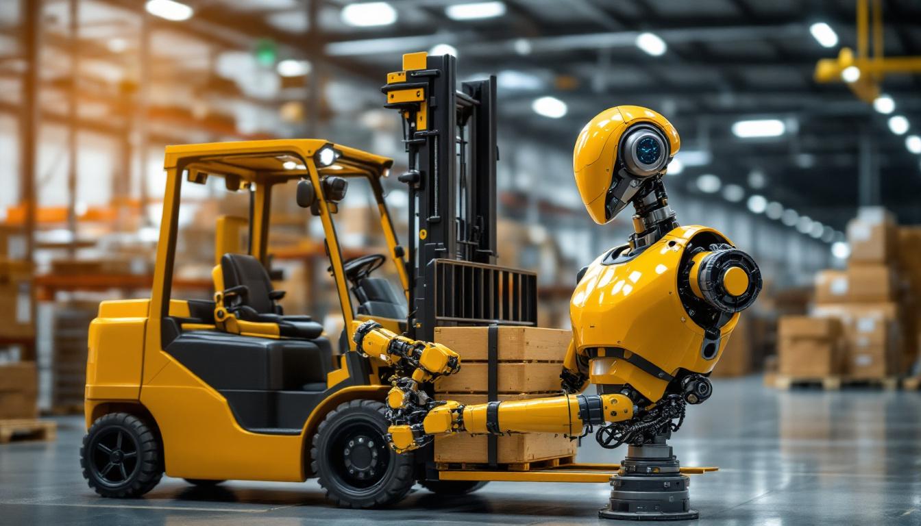 A photograph of a modern forklift operating alongside an industrial robot in a warehouse setting