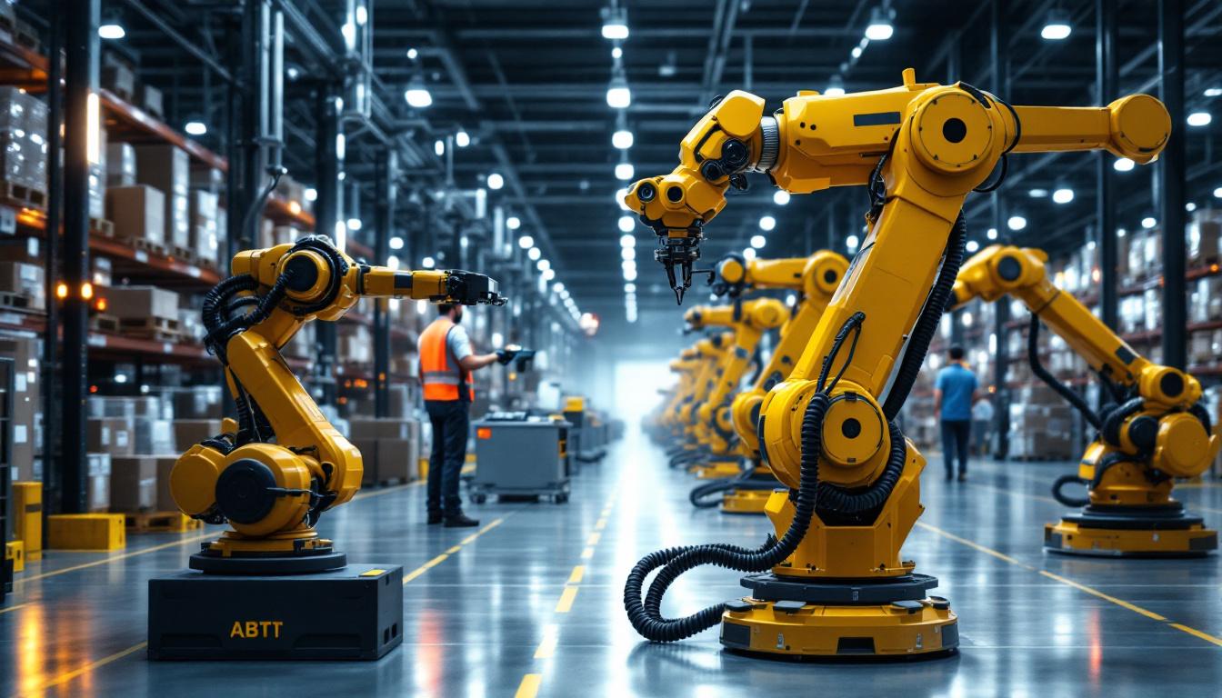 A photograph of a modern warehouse interior showcasing advanced industrial robots in action