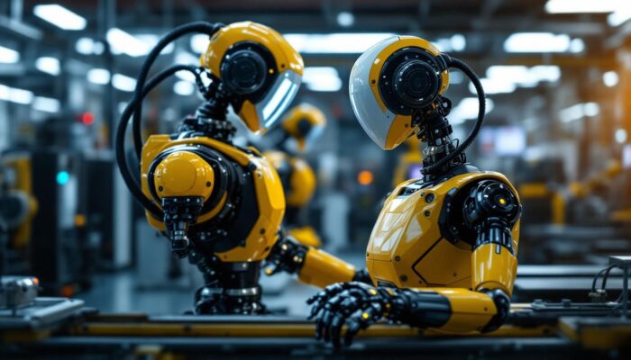 A photograph of a modern industrial robot in action within a manufacturing setting