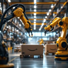 A photograph of capture a photograph of the shreveport amazon warehouse showcasing industrial robots in action