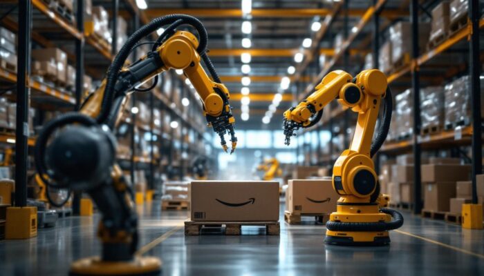 A photograph of capture a photograph of the shreveport amazon warehouse showcasing industrial robots in action