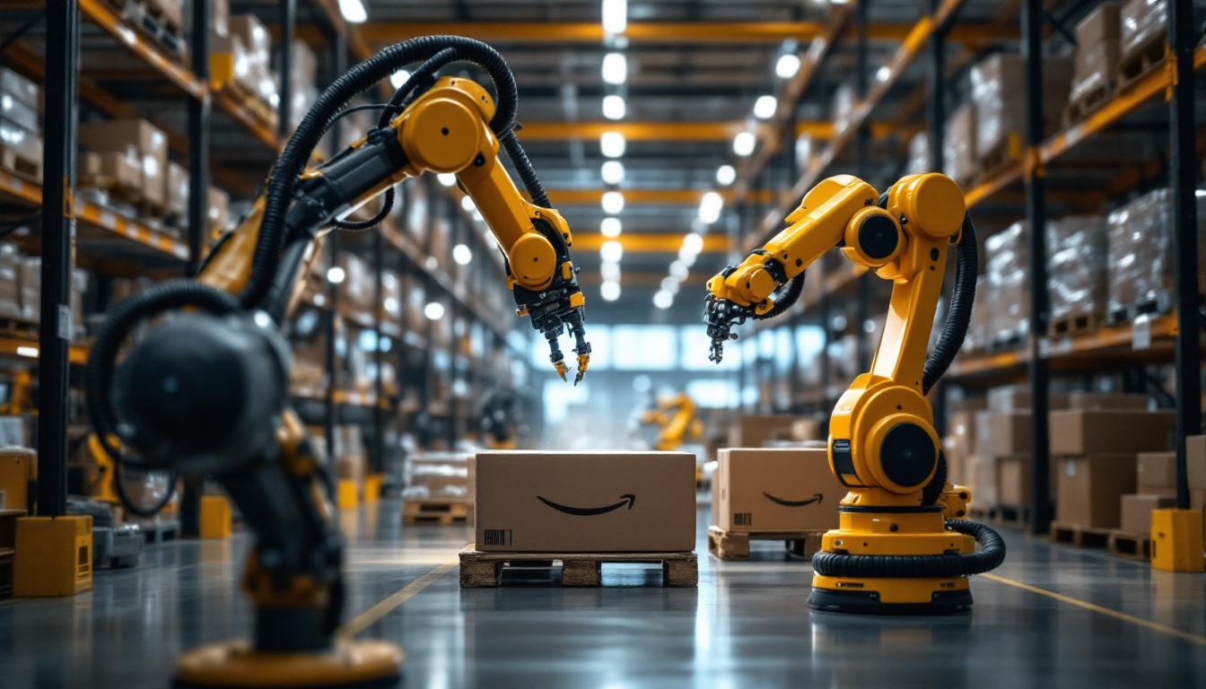A photograph of capture a photograph of the shreveport amazon warehouse showcasing industrial robots in action
