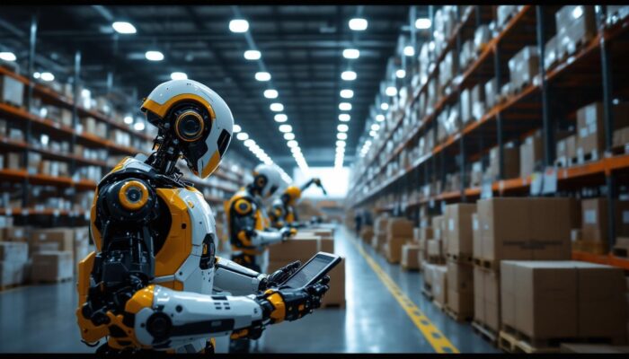 A photograph of a modern warehouse environment showcasing industrial robots in action