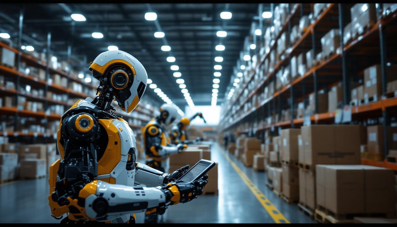 A photograph of a modern warehouse environment showcasing industrial robots in action