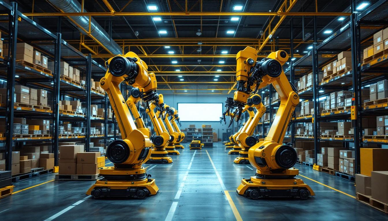 A photograph of a modern warehouse environment showcasing industrial robots in action