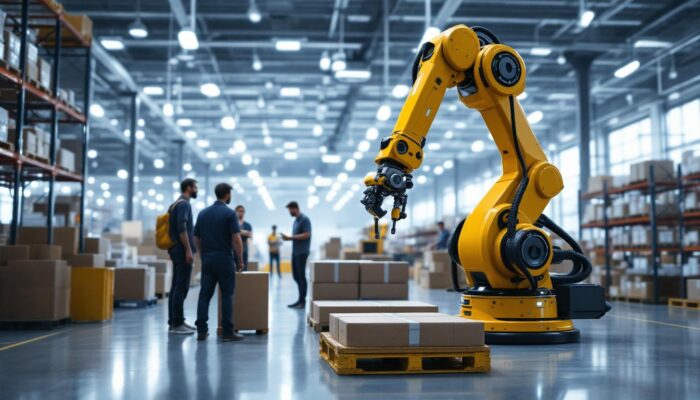 A photograph of a modern warehouse setting showcasing industrial robots in action