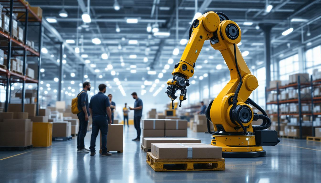 A photograph of a modern warehouse setting showcasing industrial robots in action