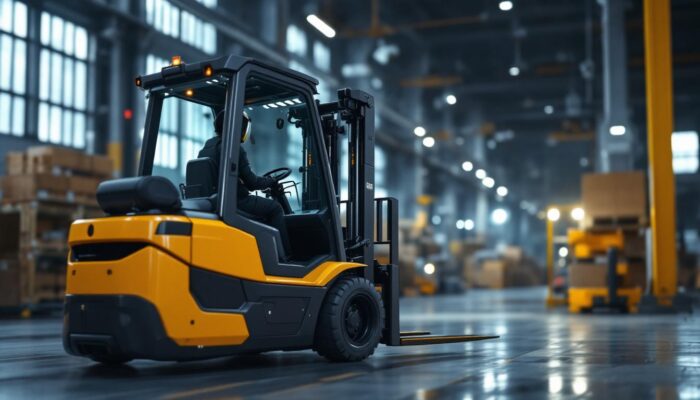 A photograph of a modern forklift in action within an industrial setting