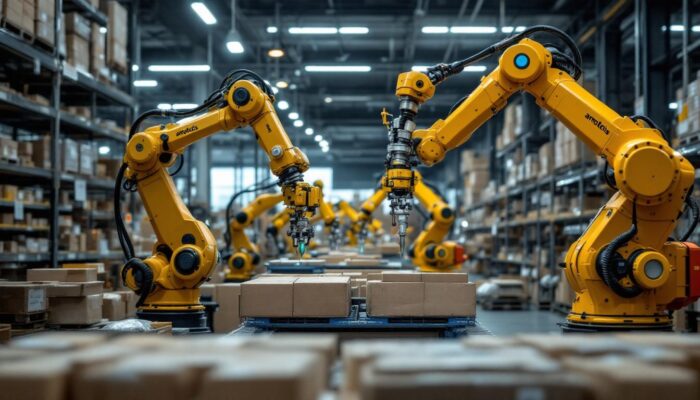 A photograph of a dynamic scene featuring amazon robotics' advanced industrial robots in action within a bustling austin warehouse