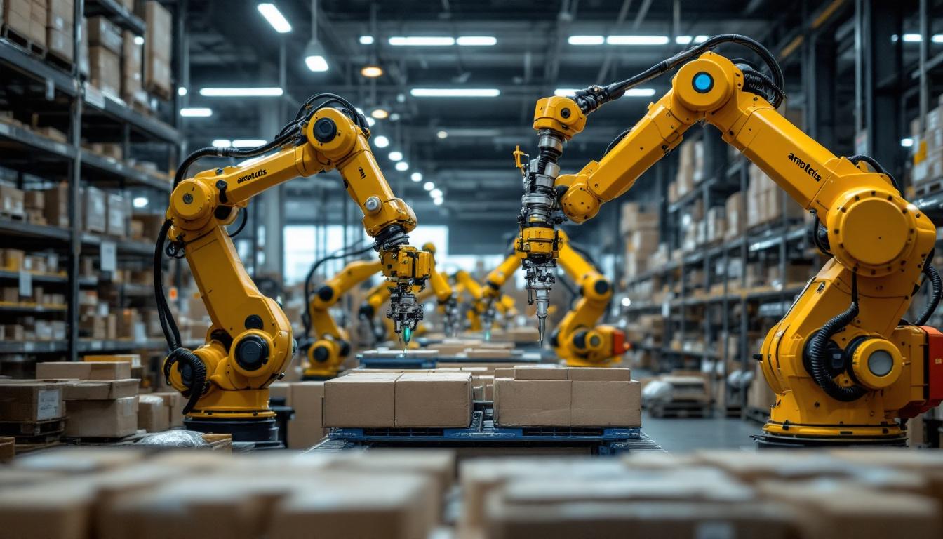 A photograph of a dynamic scene featuring amazon robotics' advanced industrial robots in action within a bustling austin warehouse