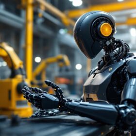 A photograph of a sleek industrial robot in action