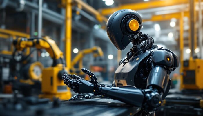 A photograph of a sleek industrial robot in action