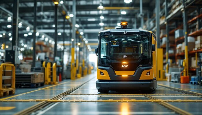 A photograph of a toyota automated guided vehicle (agv) in action within an industrial setting