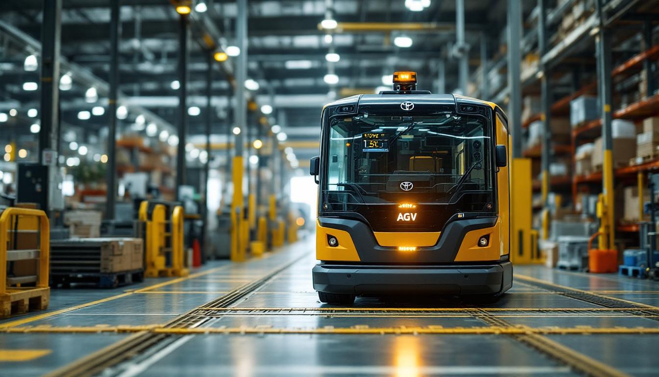 A photograph of a toyota automated guided vehicle (agv) in action within an industrial setting