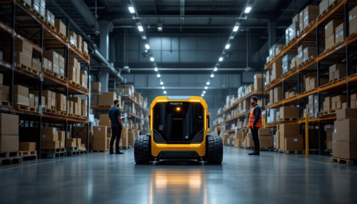 A photograph of a modern warehouse environment showcasing a robotic tugger in action