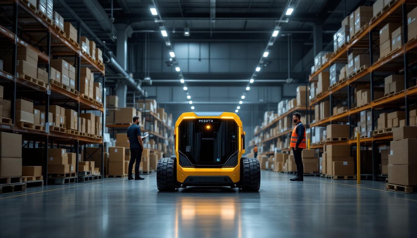 A photograph of a modern warehouse environment showcasing a robotic tugger in action