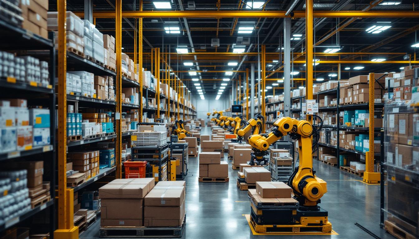A photograph of a bustling amazon fulfillment center