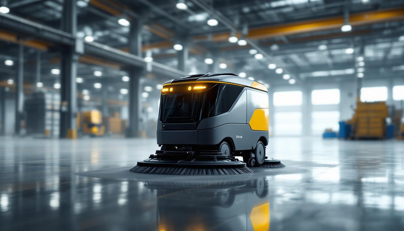 A photograph of capture a photograph of an autonomous floor scrubber in action within a large industrial setting