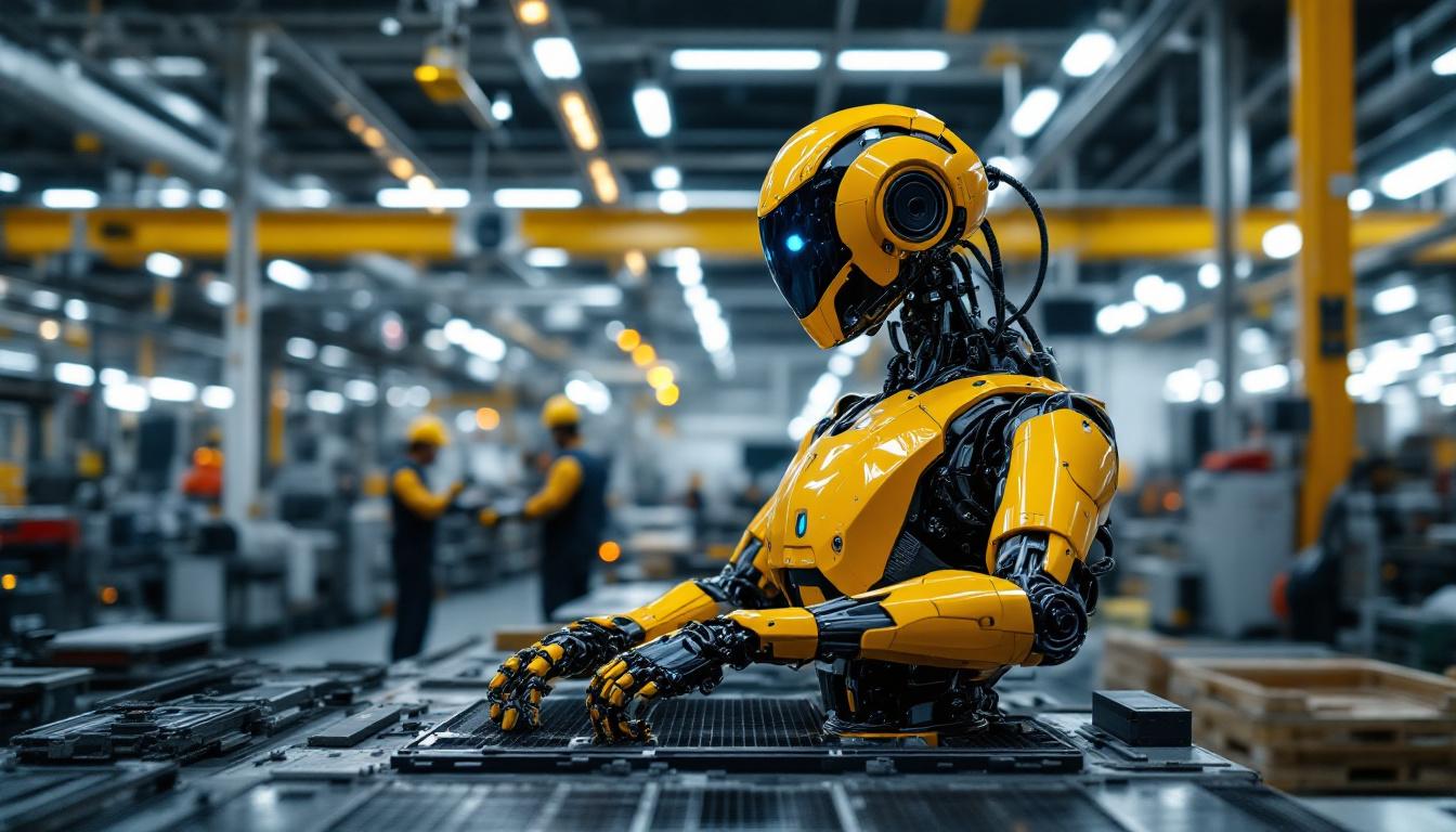 A photograph of a sleek industrial robot in action within a modern manufacturing facility