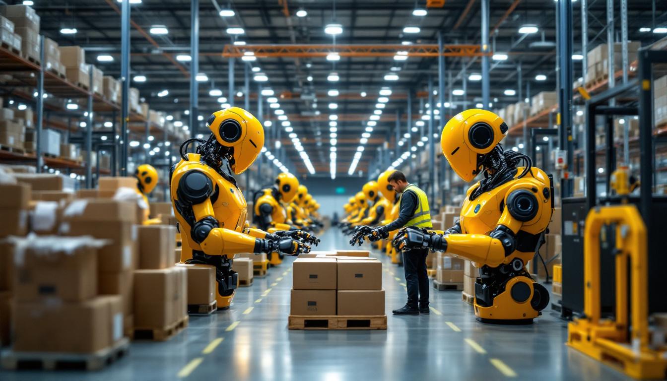 A photograph of a bustling warehouse environment showcasing advanced industrial robots in action